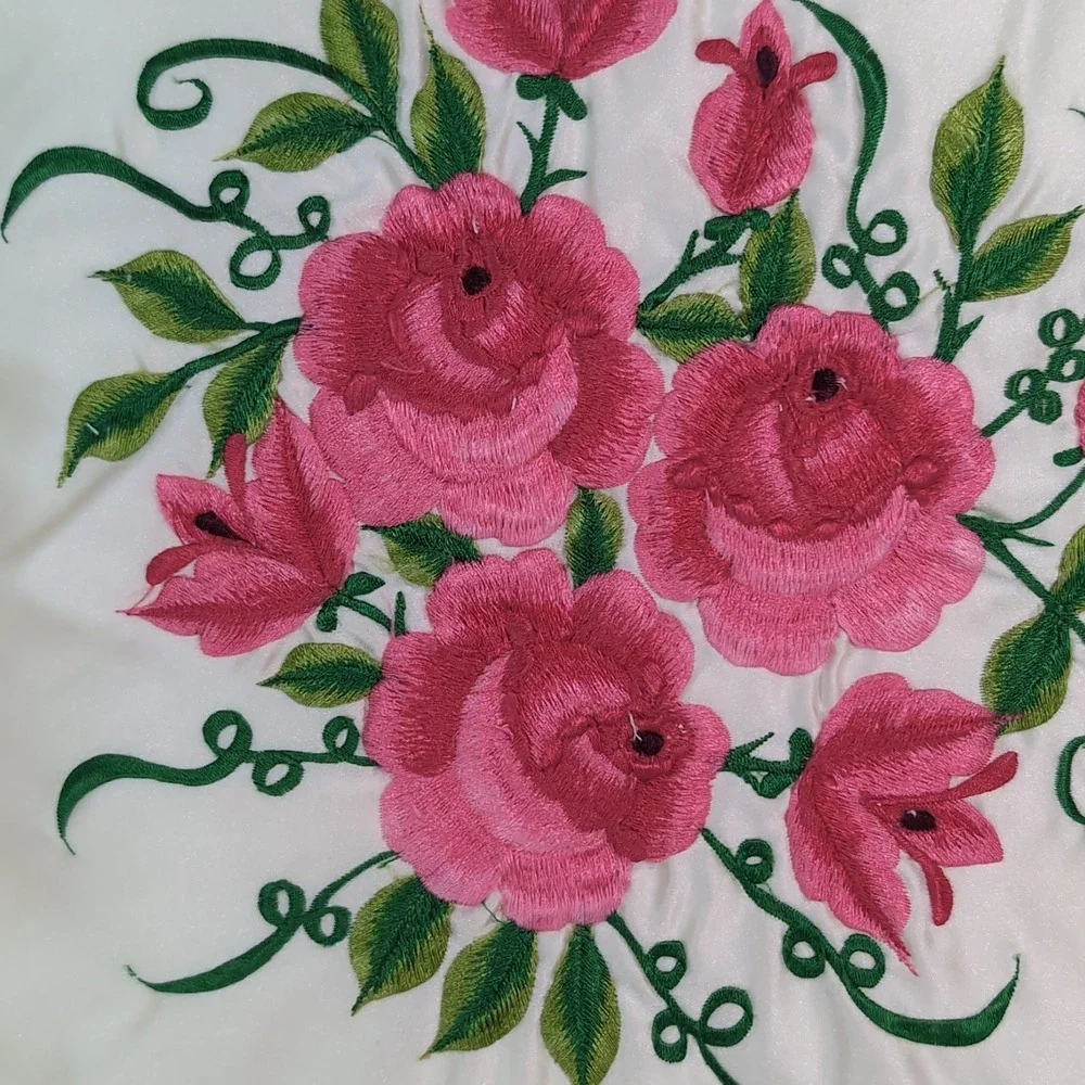 Vintage Satin Ruffle Embroidered Pillows Set of 2 Pink Floral Cottagecore Frilly